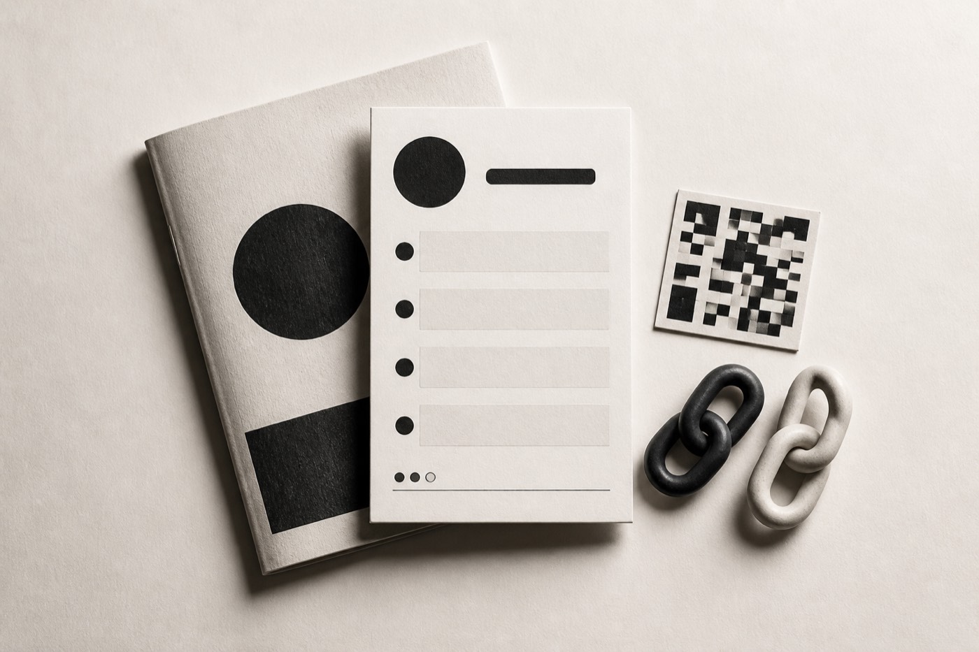 An editorial composition of paper link cards, a profile sheet and abstract connection forms.