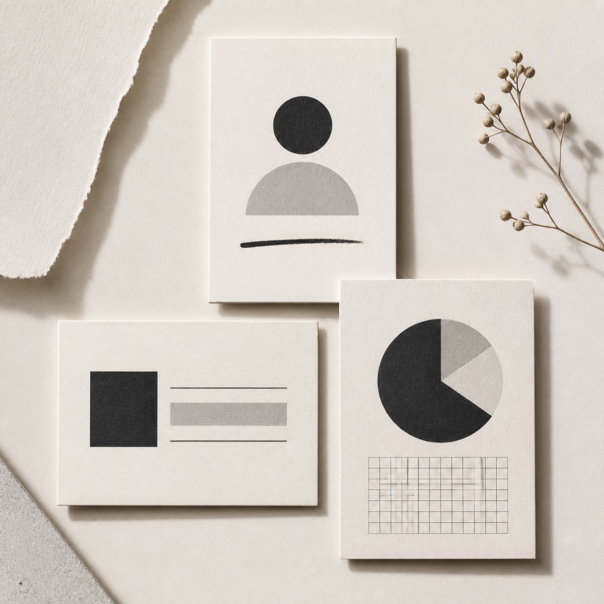 Editorial paper cards representing profile identity, link content and performance insights.